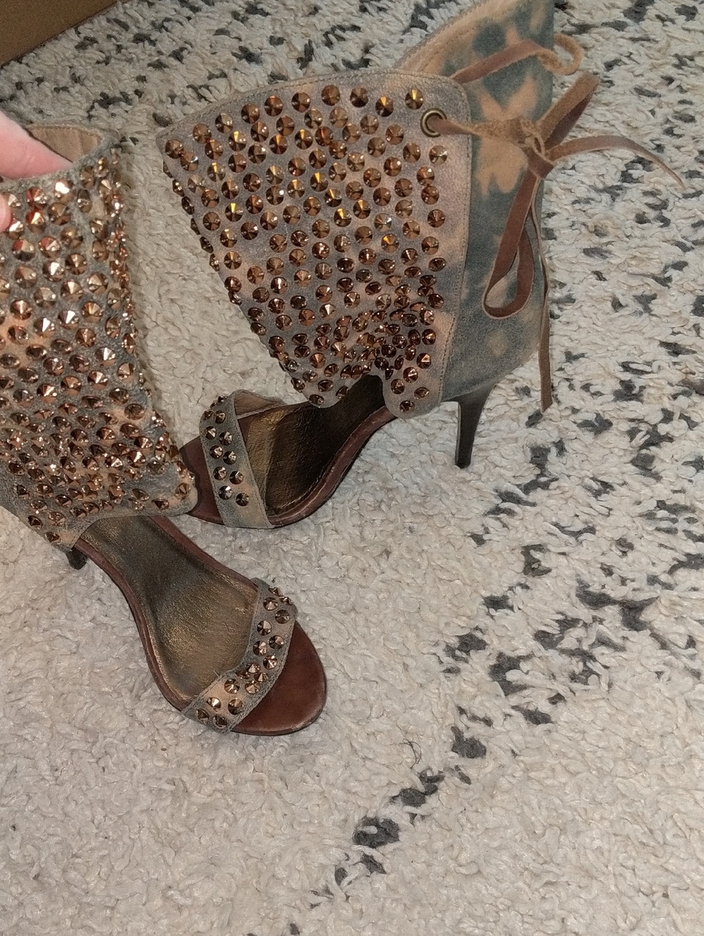 ZIGI NY Taupe Suede Studded Open-Toe Lace-Back Heels